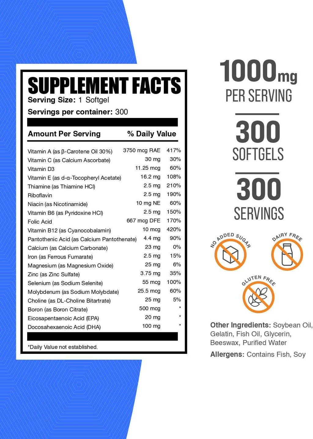 BulkSupplements Multivitamínico Softgels - Complejo Multivitamínico con Aceite de Pescado, 300 Cápsulas