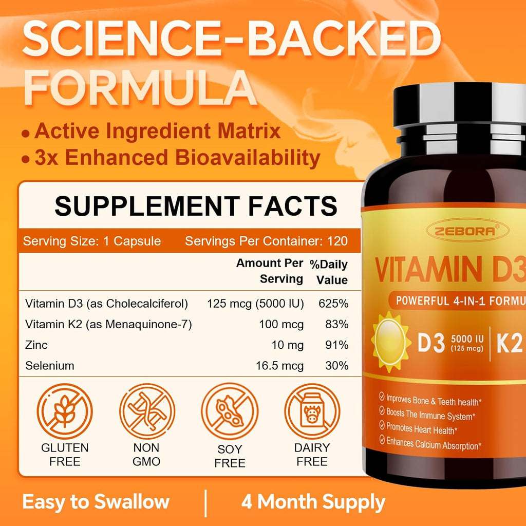 ZEBORA Vitamina D3 K2 con Zinc y Selenio – 5000 UI de D3 y 100 mcg de K2 MK-7 – 120 Cápsulas