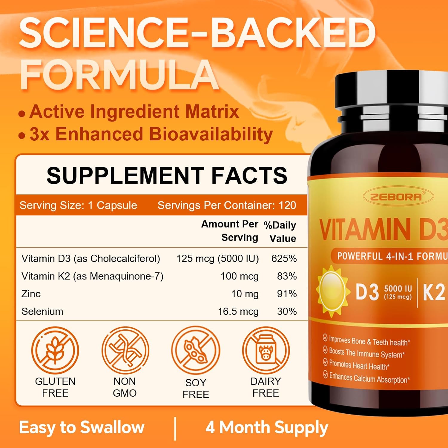 ZEBORA Vitamina D3 K2 con Zinc y Selenio – 5000 UI de D3 y 100 mcg de K2 MK-7 – 120 Cápsulas