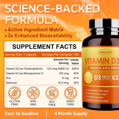 ZEBORA Vitamina D3 K2 con Zinc y Selenio – 5000 UI de D3 y 100 mcg de K2 MK-7 – 120 Cápsulas – Image 2