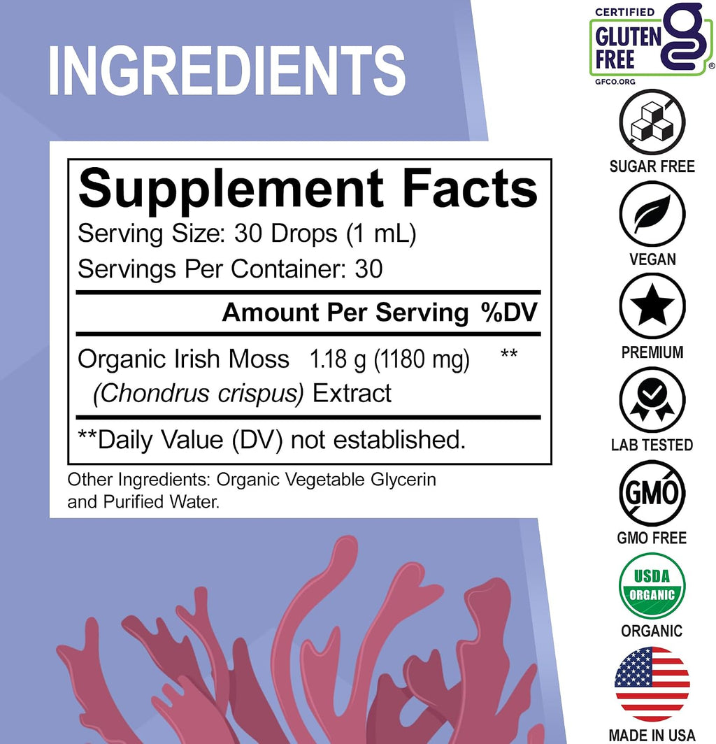 Irish Sea Moss Liquid Drops - Gotas Líquidas Orgánicas de Musgo de Mar, 30 ml
