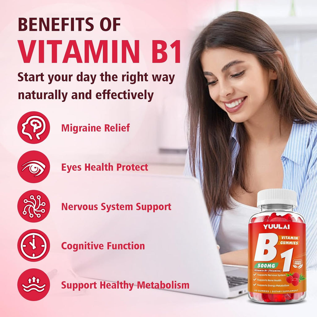 Gominolas de Vitamina B1 500mg con Magnesio, Suplemento de Tiamina para Adultos y Niños, Sabor Frambuesa, Pack de 2 (120 unidades)