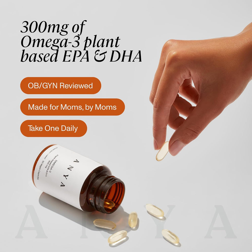 ANYA Omega 3 con 300mg de DHA y EPA, Ingredientes Limpios, Sin OGM, 100% Vegano, Sin Gluten, Soja ni Lácteos. Suplemento para Mujeres, Vitamina Prenatal y Postnatal para Apoyo en Lactancia