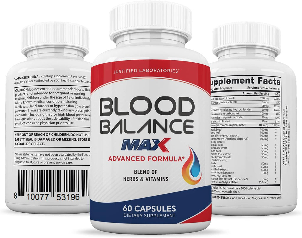 Justified Laboratories Blood Balance Max, 60 Cápsulas (Paquete de 2) - Fórmula Avanzada de Apoyo Circulatorio con Hierbas y Vitaminas