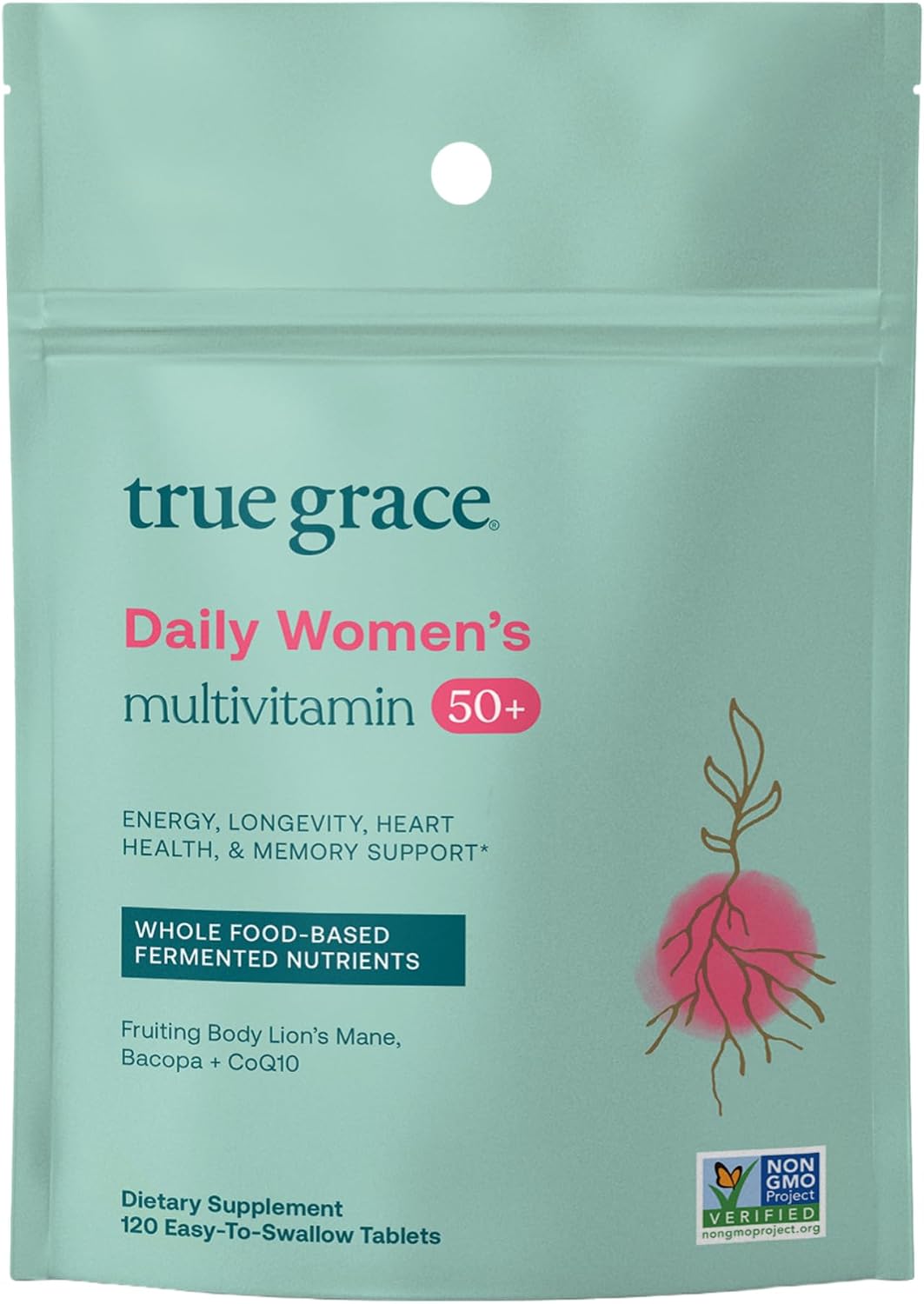 True Grace Multivitamínico Diario para Mujeres 50+ - 120 Comprimidos - Apoyo Inmunológico, Energía, Longevidad y Memoria - Vegano - Sin Gluten, Soja ni Hierro
