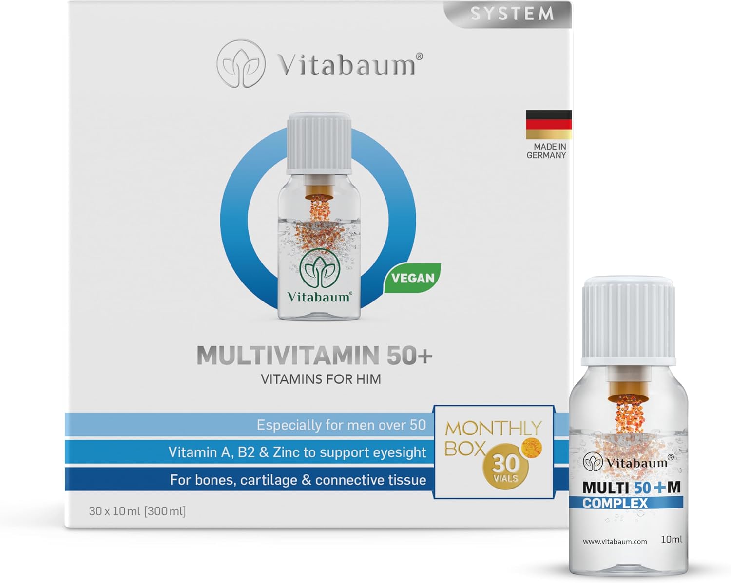 Vitabaum® Multivitamin 50+ for Him – Complemento Líquido para Hombres Mayores de 50 – Sistema Twist and Mix™ de Absorción Rápida – 30 Viales – 10 ml por Dosis – Vegano