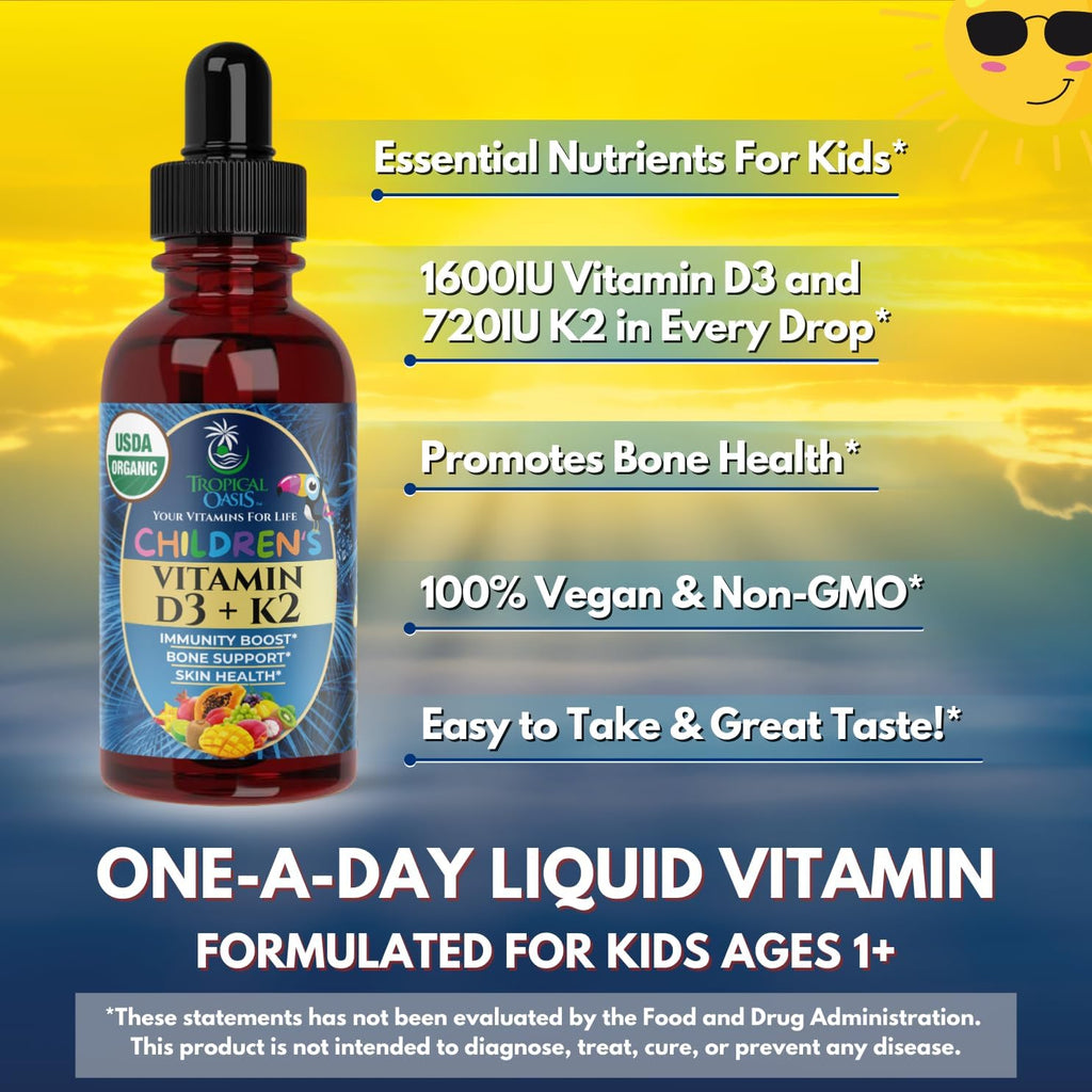 Tropical Oasis Gotas Líquidas Orgánicas de Vitamina D3 y K2 para Niños y Bebés de 1+ Años | Suplemento Vegano sin OMG | 59 ml (2 Fl Oz)
