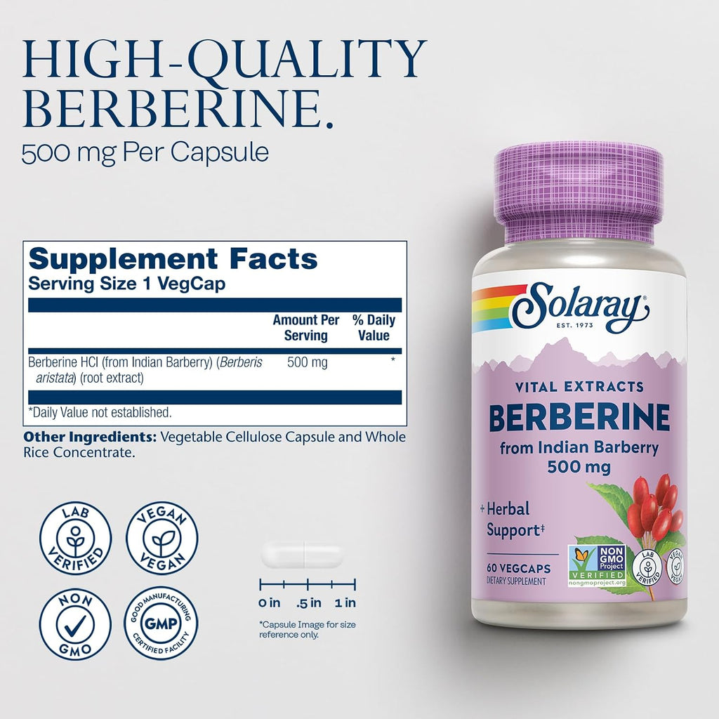 SOLARAY Berberina 500mg - Suplemento Vegano con Berberina HCL de Agracejo Indio - 60 Cápsulas