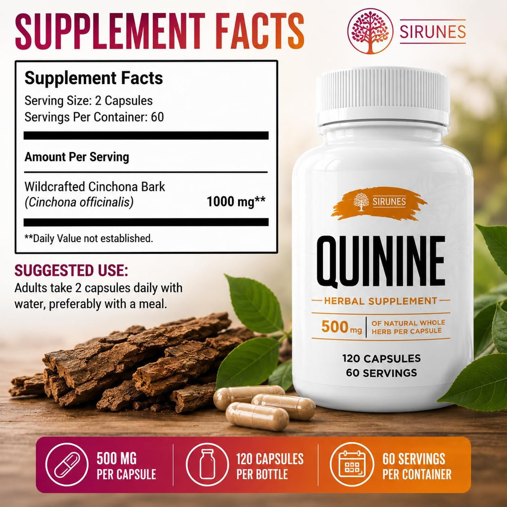 Cápsulas de Quinina Natural – Corteza de Cinchona 500 mg, 120 Comprimidos – Suplemento para Calambres y Digestión