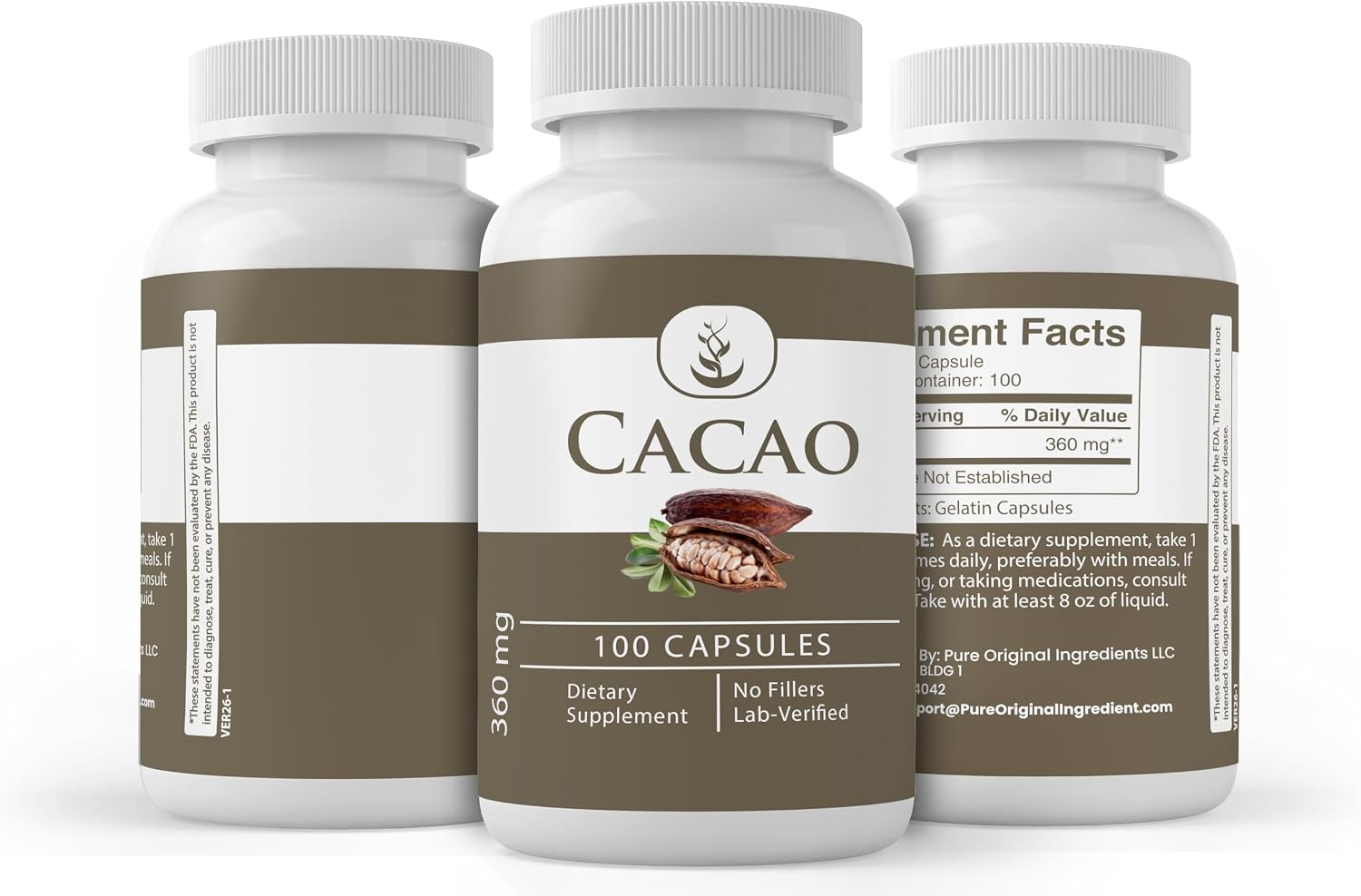 Pure Original Ingredients Cacao en Cápsulas (100 Cápsulas) - Puro, Sin Aditivos