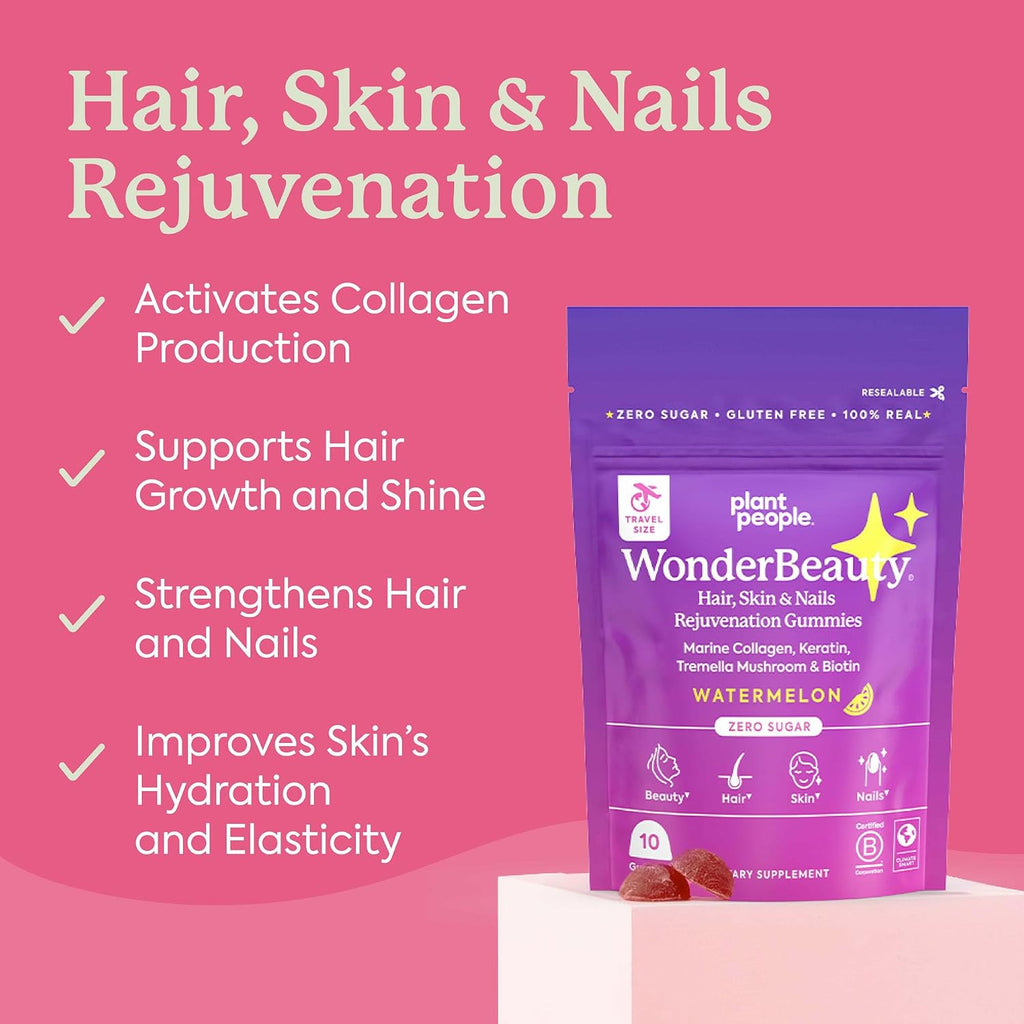 Plant People WonderBeauty Gominolas Rejuvenecedoras para Piel, Cabello y Uñas con Seta Tremella, Colágeno, Queratina y Biotina – Sabor Sandía, 10 Gominolas