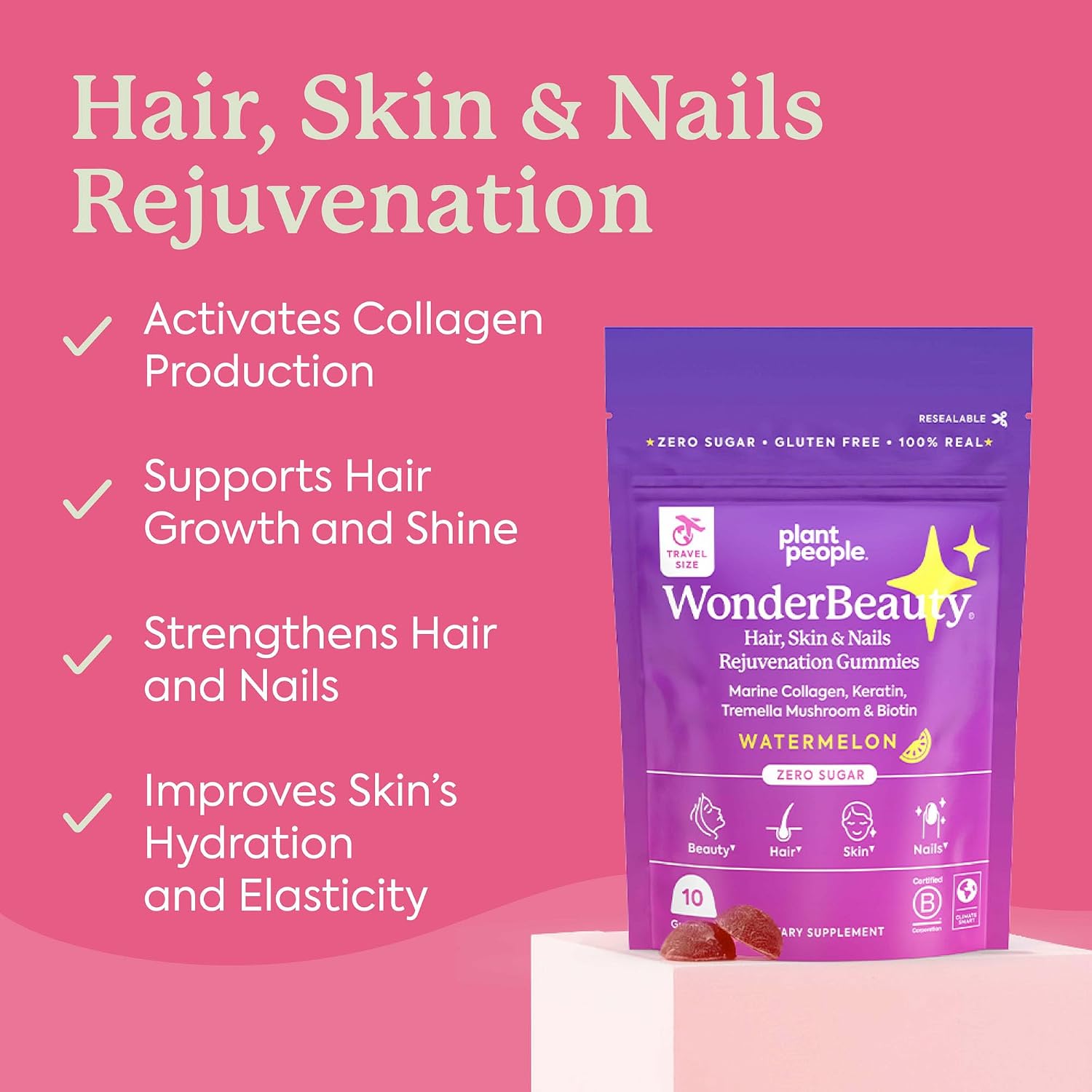 Plant People WonderBeauty Gominolas Rejuvenecedoras para Piel, Cabello y Uñas con Seta Tremella, Colágeno, Queratina y Biotina – Sabor Sandía, 10 Gominolas