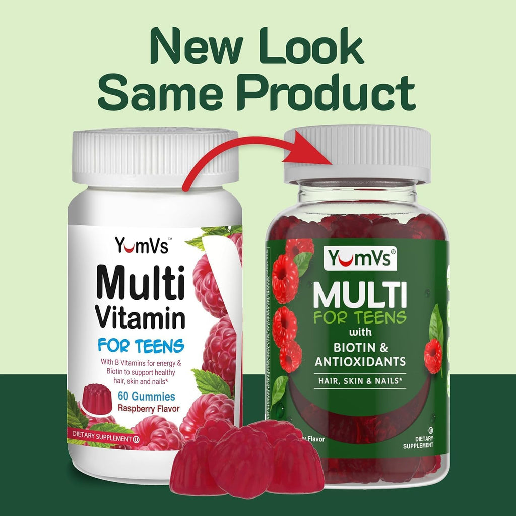 YumVs Gomitas Multivitamínicas para Adolescentes con Biotina y Antioxidantes - Sabor Frambuesa - Apoyo para Cabello, Piel y Uñas - Vitaminas Kosher para Chicos y Chicas de 12 a 17 años (60 unidades, Paquete de 2)