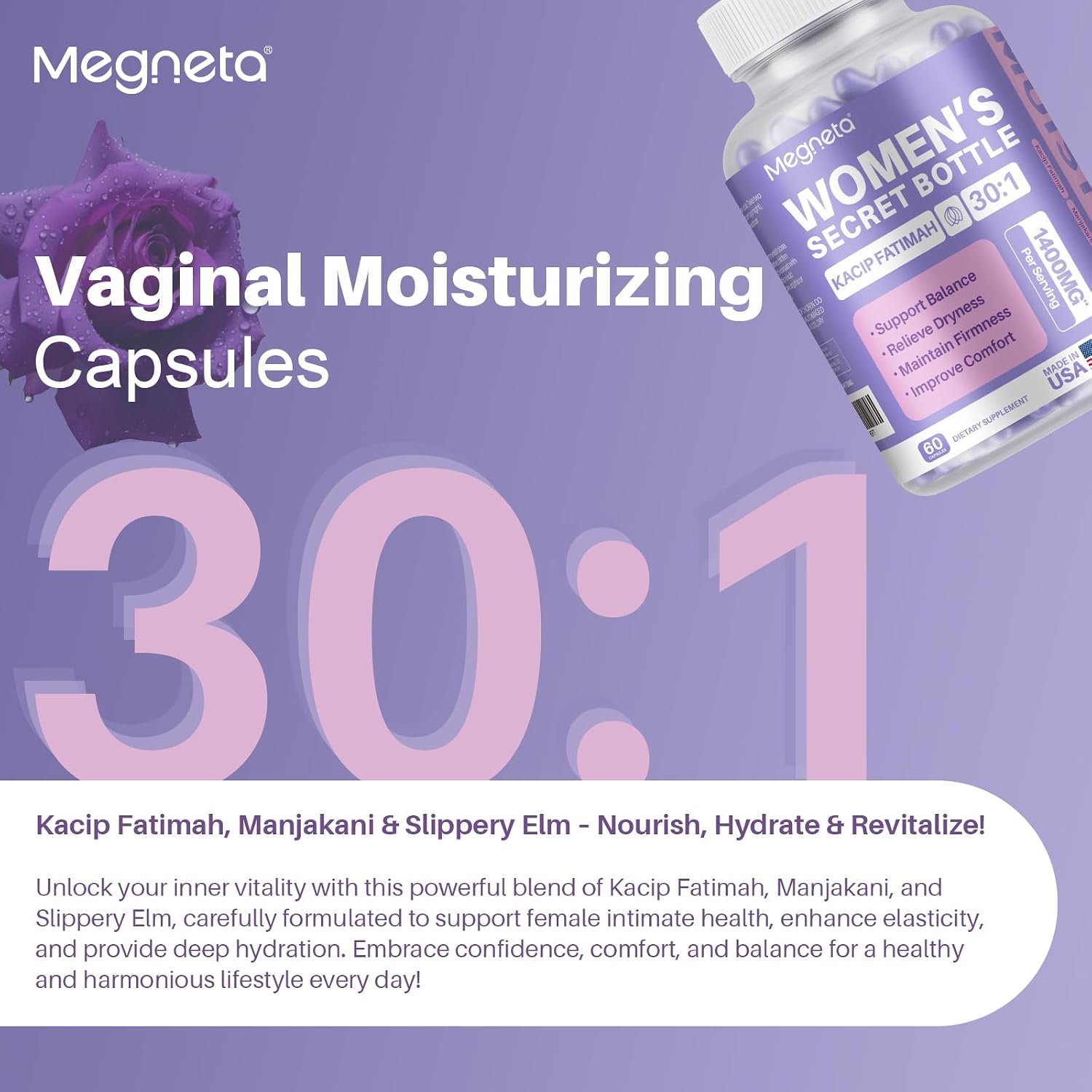 MEGNETA Suplemento Avanzado de Bienestar Femenino – Mezcla de Hierbas con Kacip Fatimah, Fenogreco, Corteza de Olmo Resbaladizo, Manjakani – 60 Cápsulas