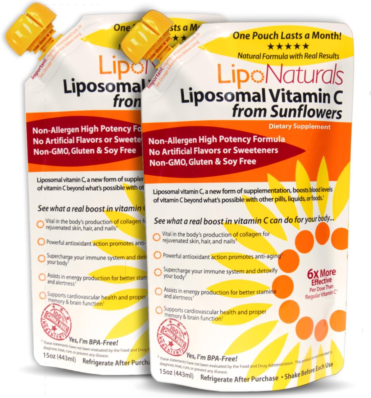 Lipo Naturals Vitamina C Liposomal 1000 mg Líquido (2 Paquetes, 60 Dosis) - Fórmula Natural, Vegano, Sin China