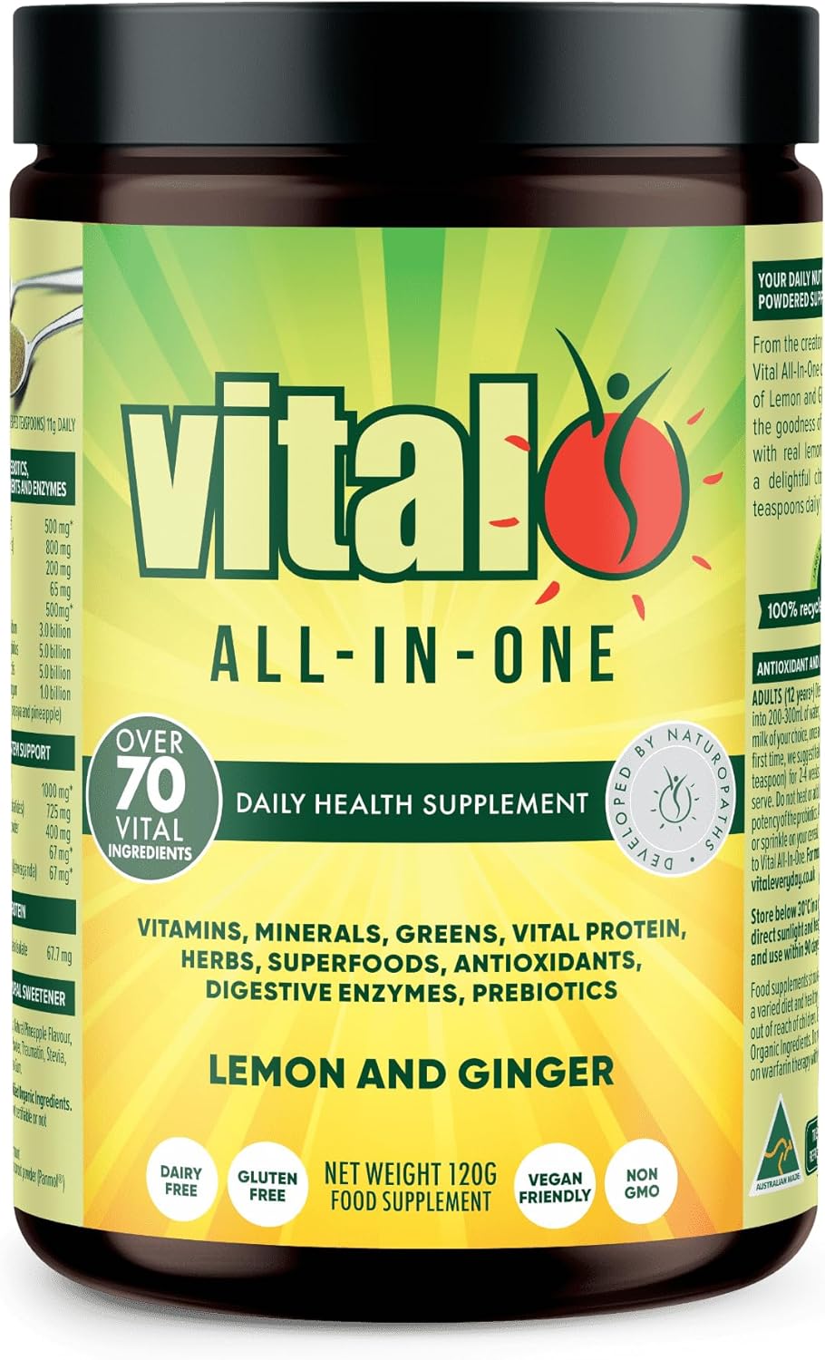 Vital All-in-One Daily Powdered Supplement - Super Greens Powder con Probióticos y Antioxidantes - Limón y Jengibre, 120 g
