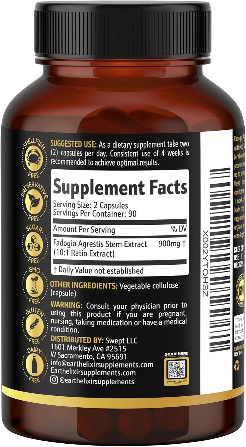 Earth Elixir Fadogia Agrestis 900mg (180 Cápsulas) - Extracto Puro - 3 Meses de Suministro