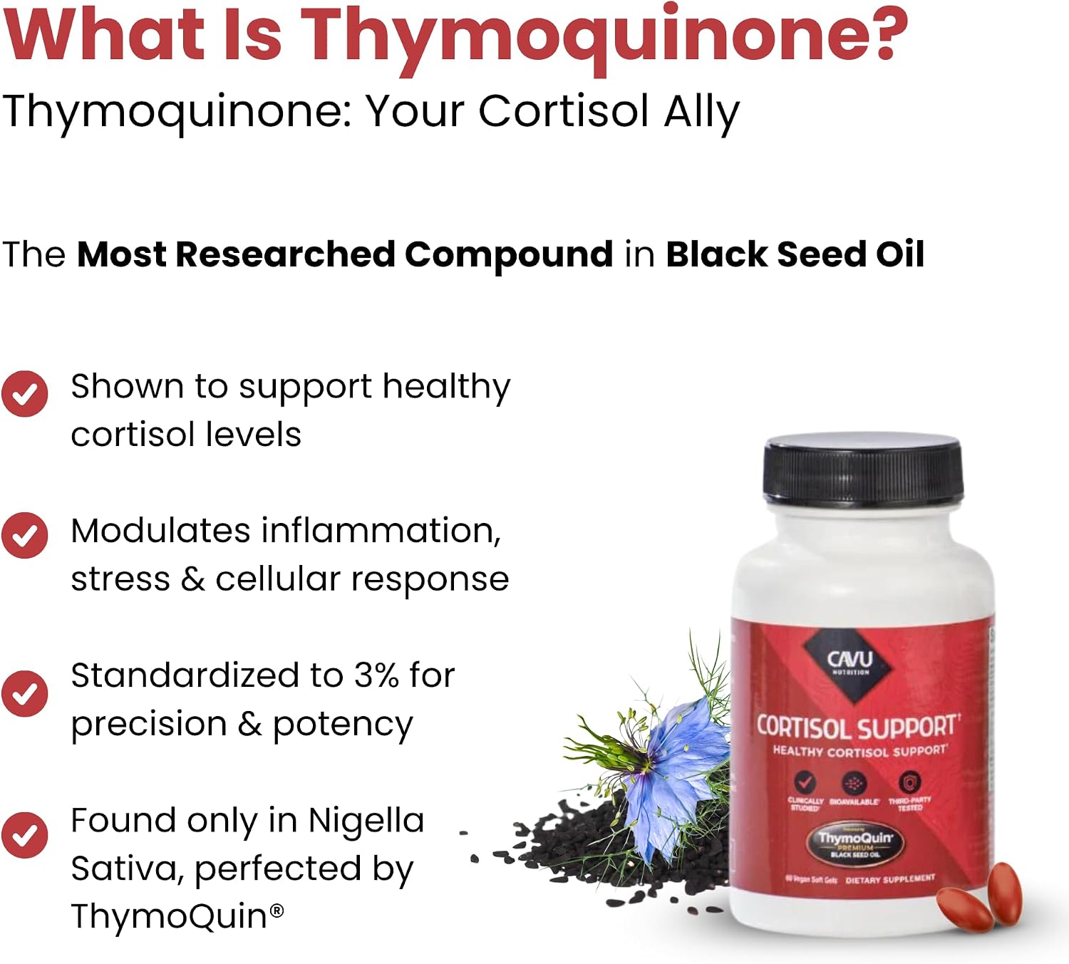 ThymoQuin Cortisol Manager – Aceite de Semilla Negra con 3% Timoquinona, 60 Cápsulas