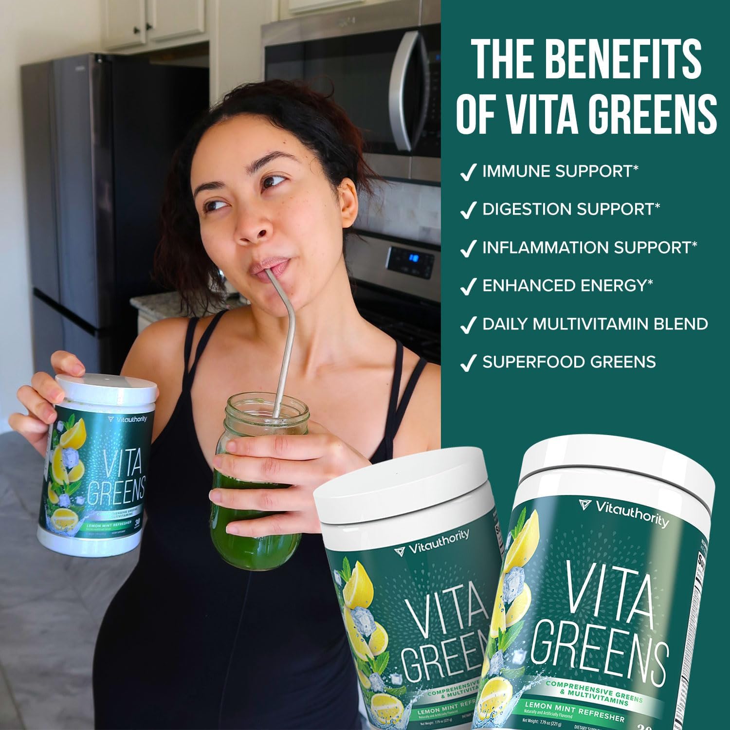 Vitauthority Vita Greens Superfood Powder - Multivitamínico Diario con Probióticos y Prebióticos