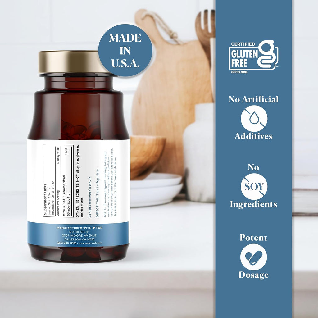 Nutri-Rich Vitamina D3 2000 UI (50 mcg) – Alta Potencia con Aceite MCT, No OGM, Sin Gluten, 90 Cápsulas Blandas