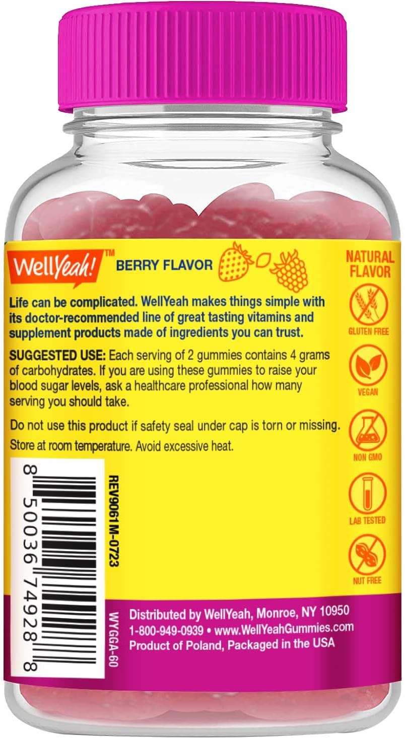 WellYeah Glucose Gummies - 4 g de Carbohidratos - Sabores Naturales - Gomitas Masticables para Hombres y Mujeres, No Transgénico, Sin Gluten - 60 Unidades
