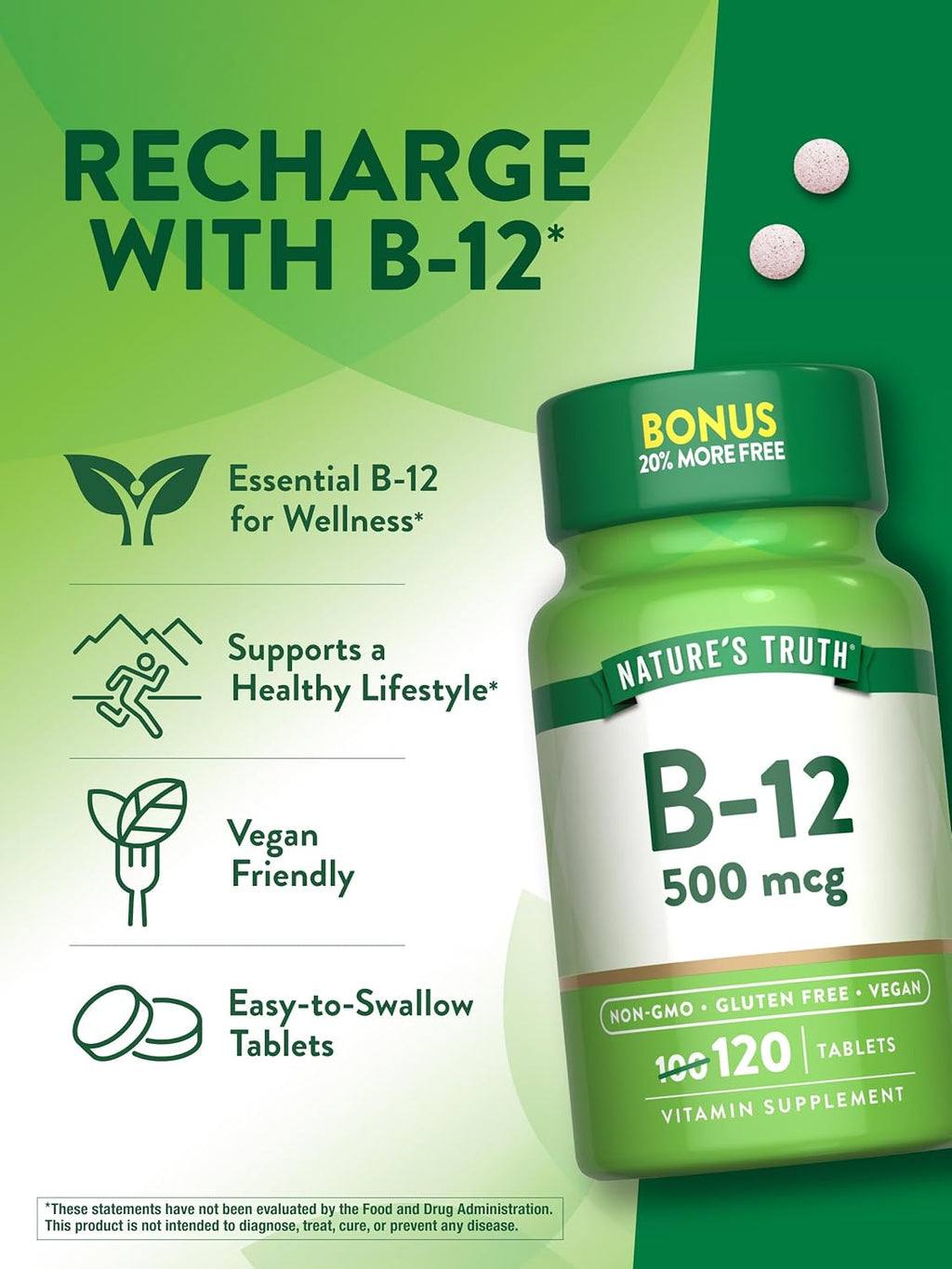 Nature's Truth Vitamina B12 500 mcg - 120 Comprimidos - Vegano, No-Transgénico y Sin Gluten