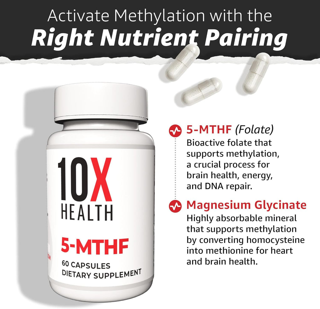 10X Health 5-MTHF Metilfolato con Magnesio - Complemento Alimenticio de Folato Metilado 60 Cápsulas