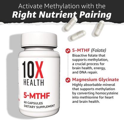 10X Health 5-MTHF Metilfolato con Magnesio - Complemento Alimenticio de Folato Metilado 60 Cápsulas
