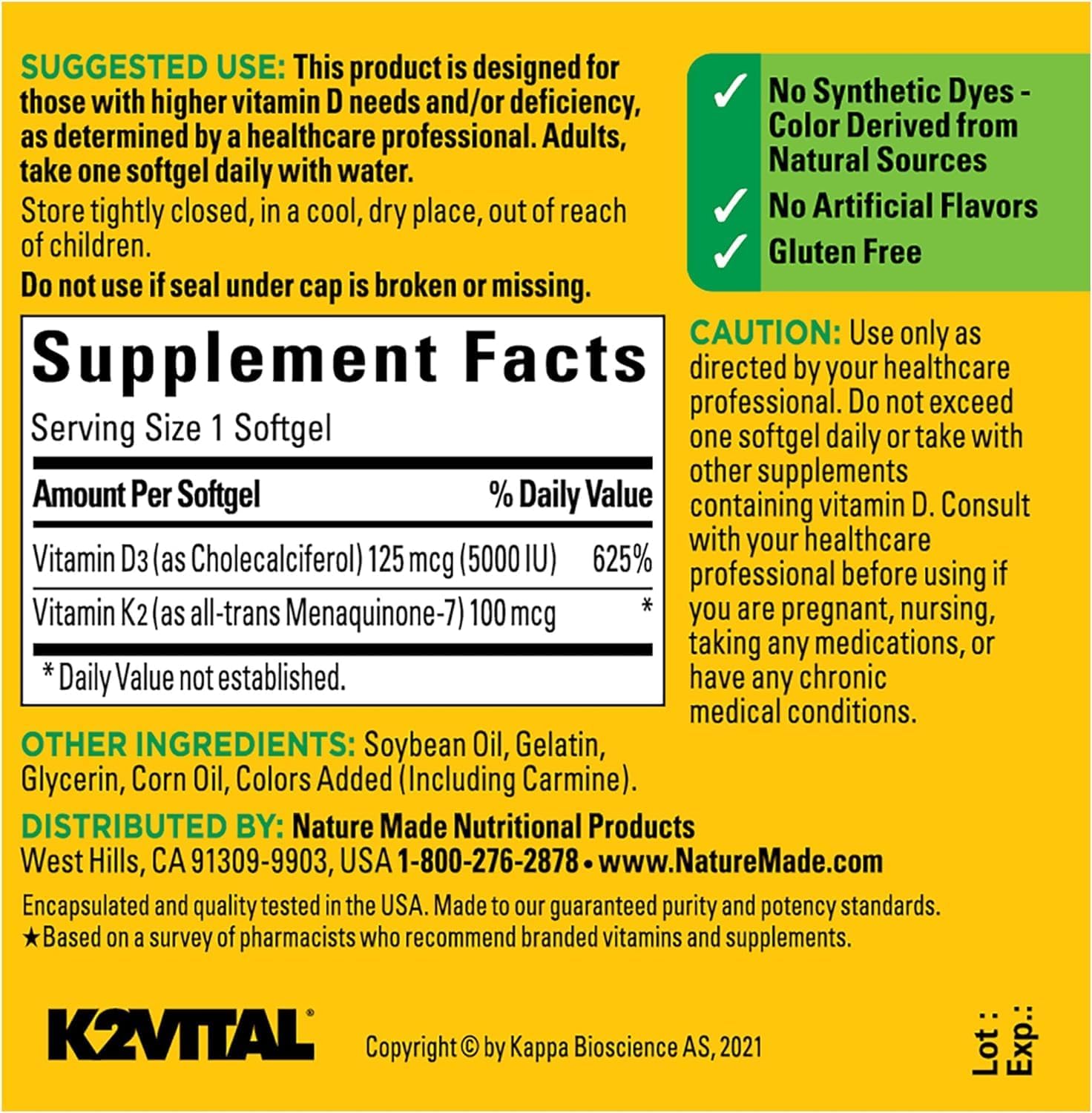 Nature Made Vitamina D3 + K2, 5000 UI (125 mcg) de Vitamina D, 100 mcg de Vitamina K2, 60 Cápsulas Blandas (Pack de 2)