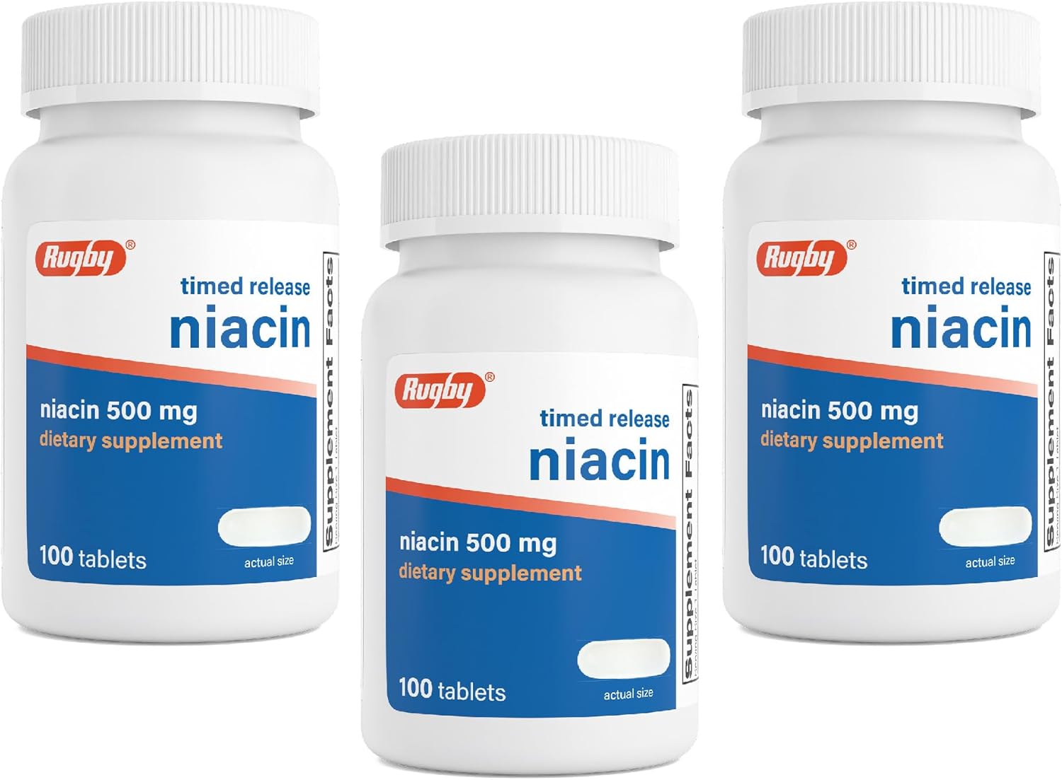 Rugby Niacina 500mg Liberación Prolongada con Calcio – 300 Comprimidos (3 Envases de 100)