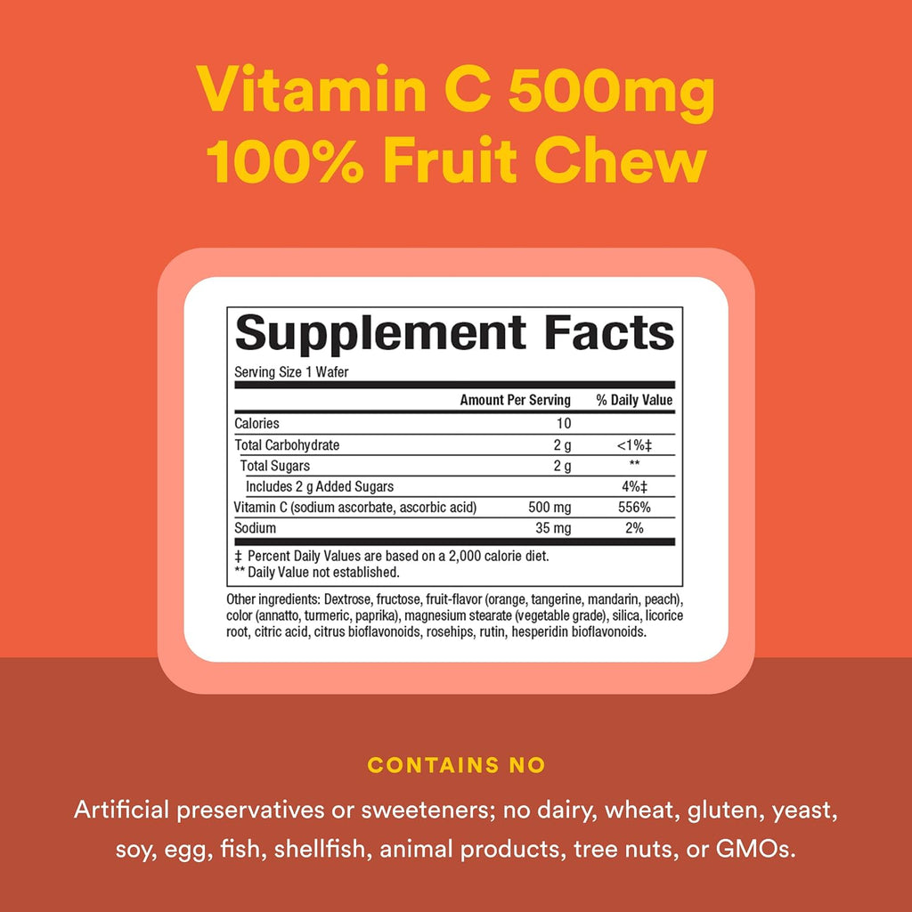 Natural Factors, Vitamina C 500 mg, Masticable para Niños, Apoya Huesos y Dientes Saludables, Sabor Naranja, Vegano, Sin Gluten, 90 obleas
