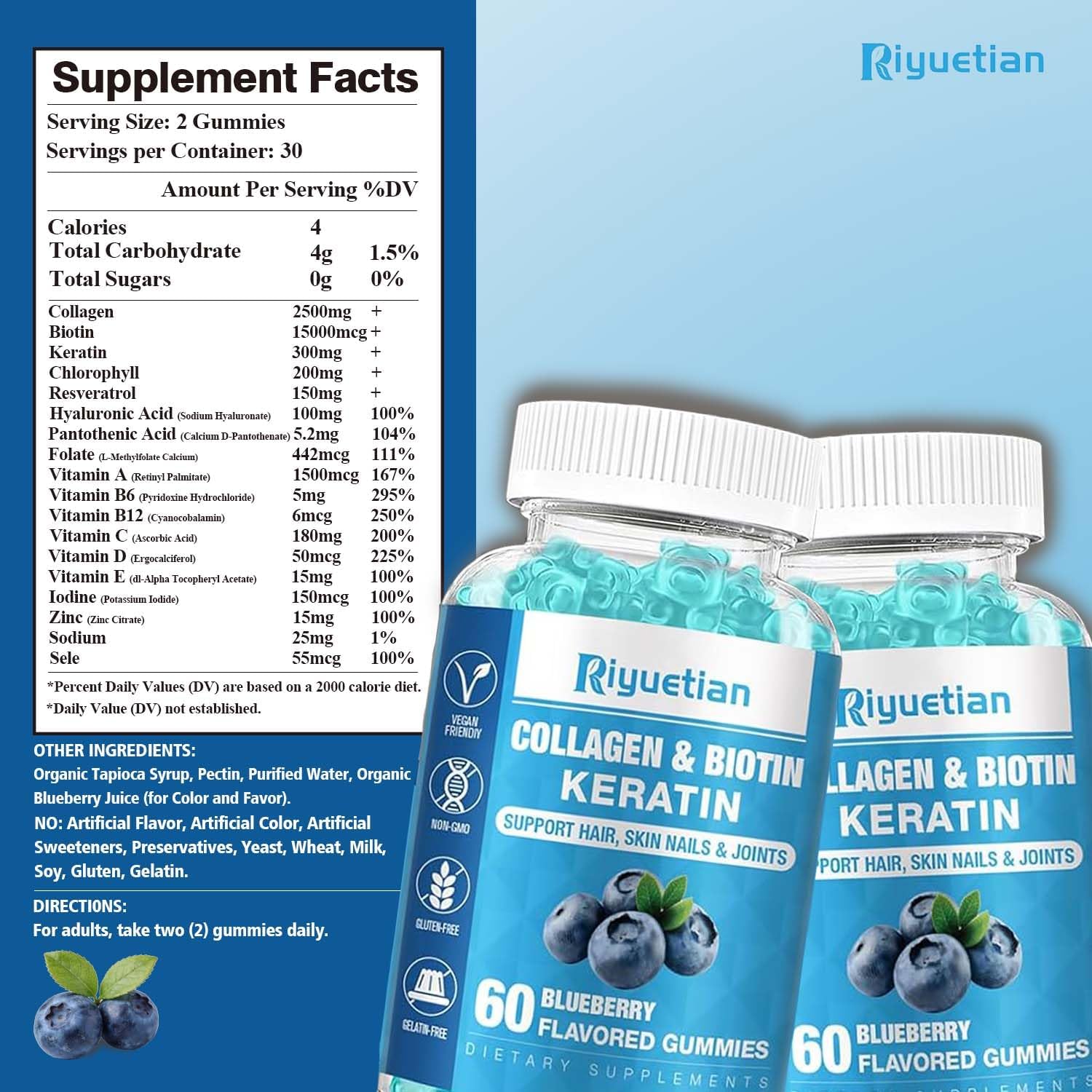 Riyuetian Biotin Gummies 15000mcg con Colágeno - Gomitas para Cabello, Piel y Uñas - Vegano, Sin OGM - 60 unidades
