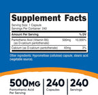 Nutricost Pantothenic Acid 500mg - 240 Capsules (3-Pack)