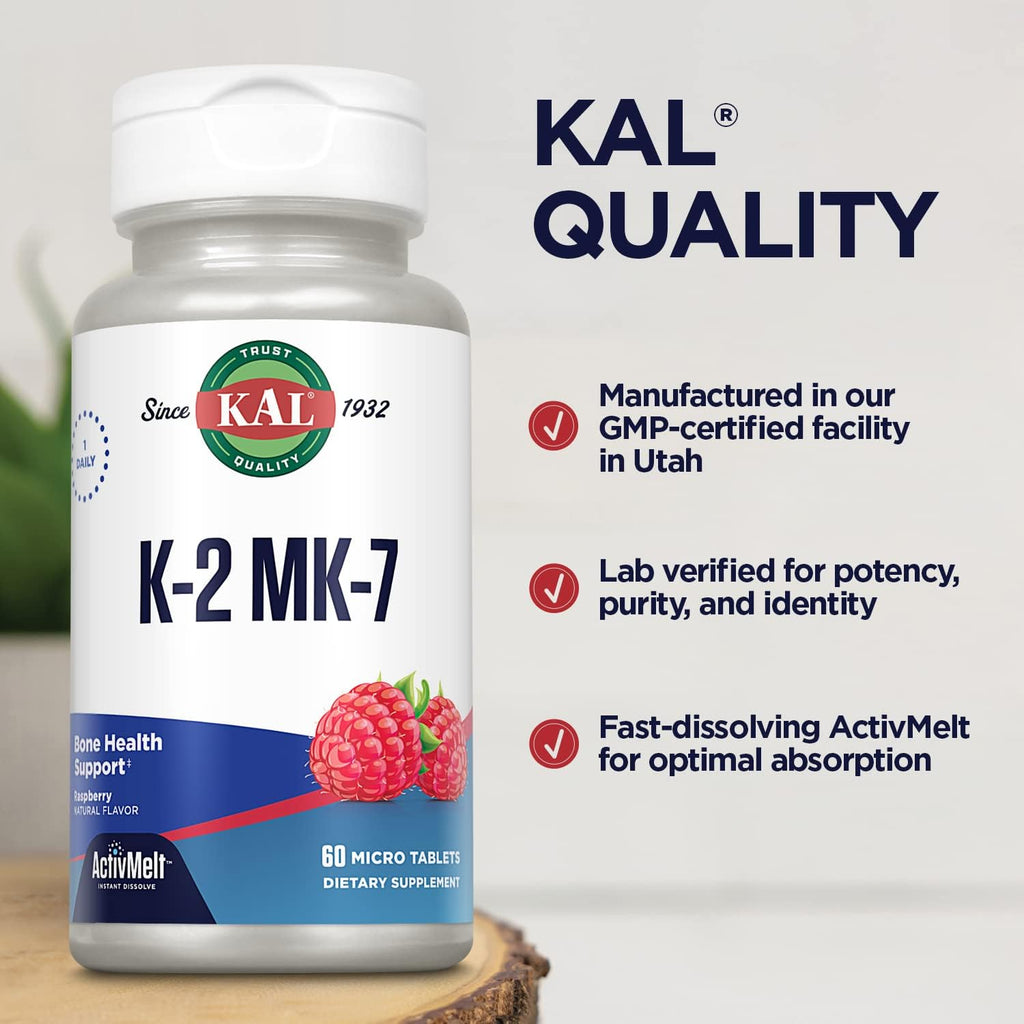 KAL Vitamina K2 MK7 ActivMelt 100 mcg - 60 Comprimidos de Disolución Oral - Sabor Frambuesa Natural