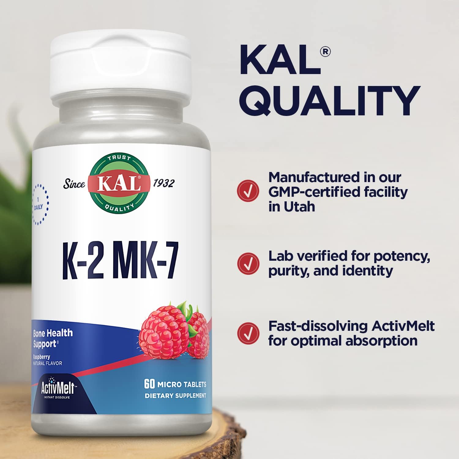 KAL Vitamina K2 MK7 ActivMelt 100 mcg - 60 Comprimidos de Disolución Oral - Sabor Frambuesa Natural