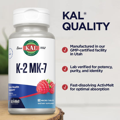 KAL Vitamina K2 MK7 ActivMelt 100 mcg - 60 Comprimidos de Disolución Oral - Sabor Frambuesa Natural – Image 4