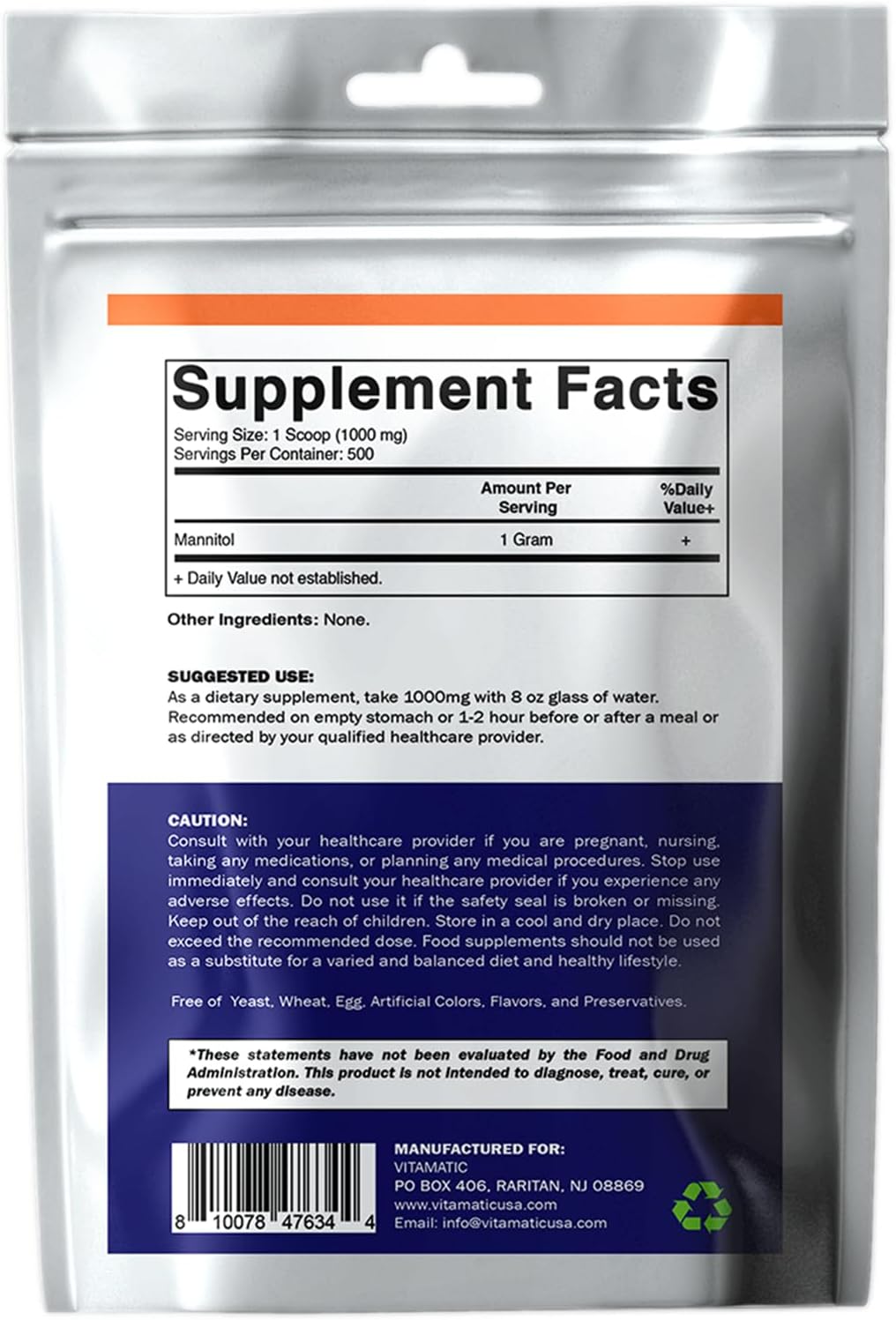Vitamatic Polvo de Manitol - Edulcorante Natural, Sin Gluten, 1000 mg por Ración, 500 Raciones, 500 g