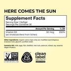 HUM Here Comes The Sun - Vitamina D3 Vegana 2000 IU, 30 Cápsulas