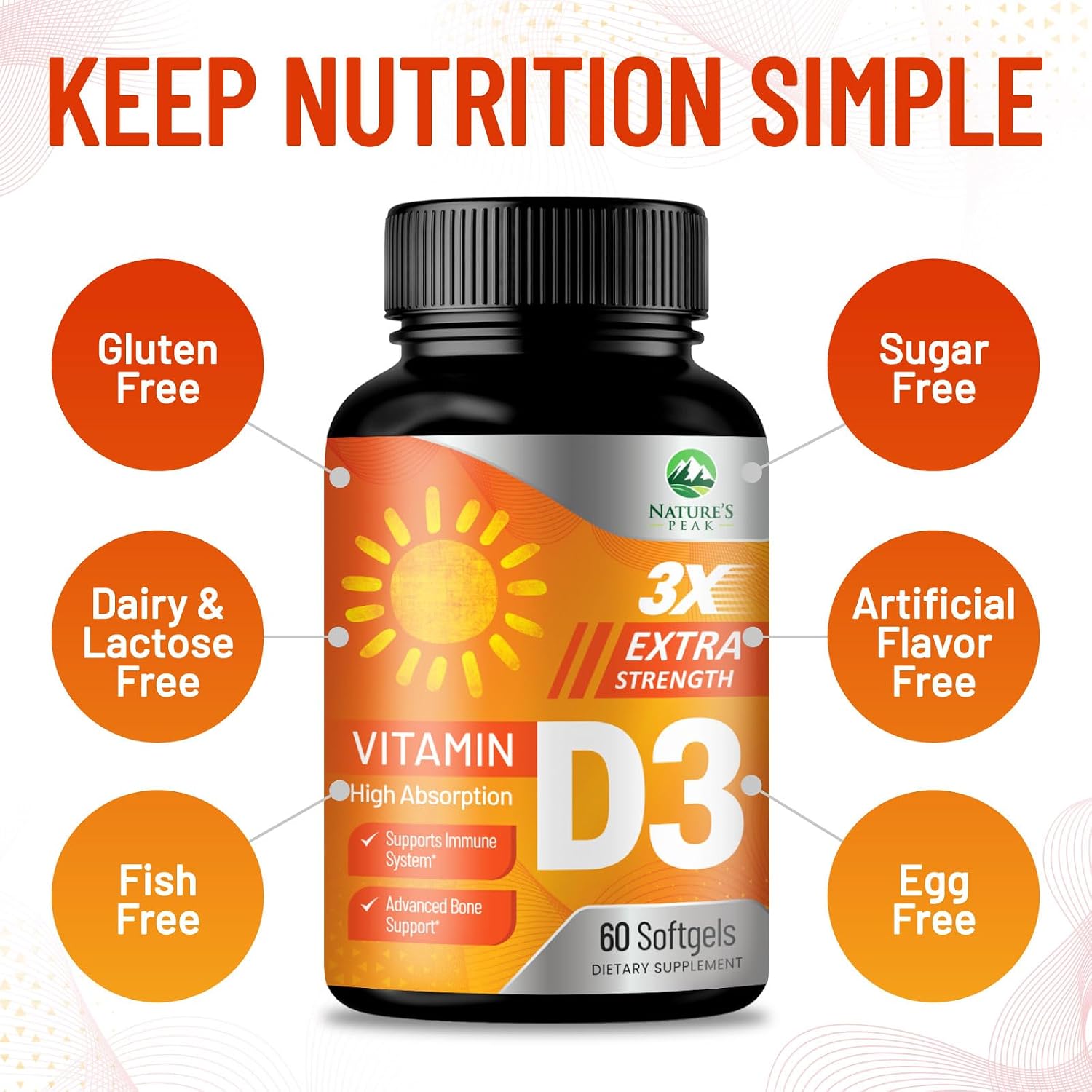 Vitamina D3 5000 IU (125 mcg) - 60 Cápsulas Blandas - Nature's Peak