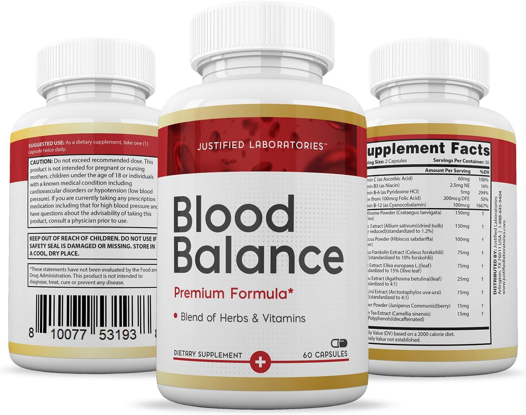 Justified Laboratories Blood Balance - 120 Cápsulas (2 Envases) - Fórmula Avanzada con Espino Blanco, Vitaminas y Hierbas