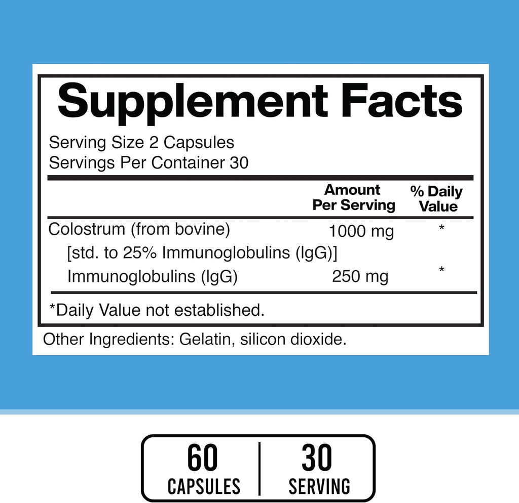 American Standard Supplements Calostro Bovino en Cápsulas - 1000mg por Dosis, 60 Cápsulas, Estandarizado al 25% de Inmunoglobulinas (IgG)