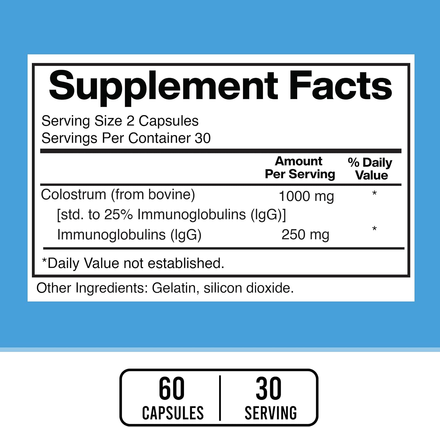 American Standard Supplements Calostro Bovino en Cápsulas - 1000mg por Dosis, 60 Cápsulas, Estandarizado al 25% de Inmunoglobulinas (IgG)