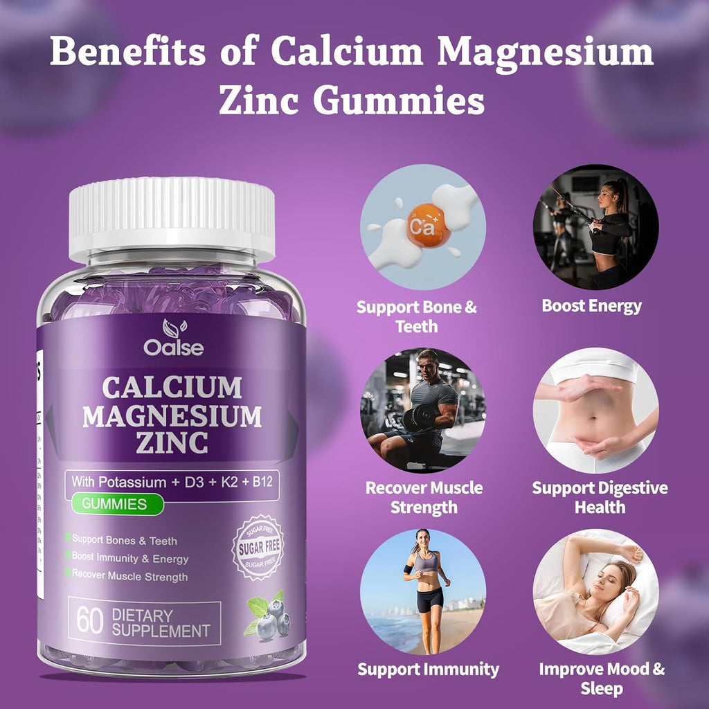 OALSE Gomitas de Calcio Magnesio Zinc con Vitamina D3 y K2 | Glicinato de Magnesio | Sin Azúcar | Sabor Arándano