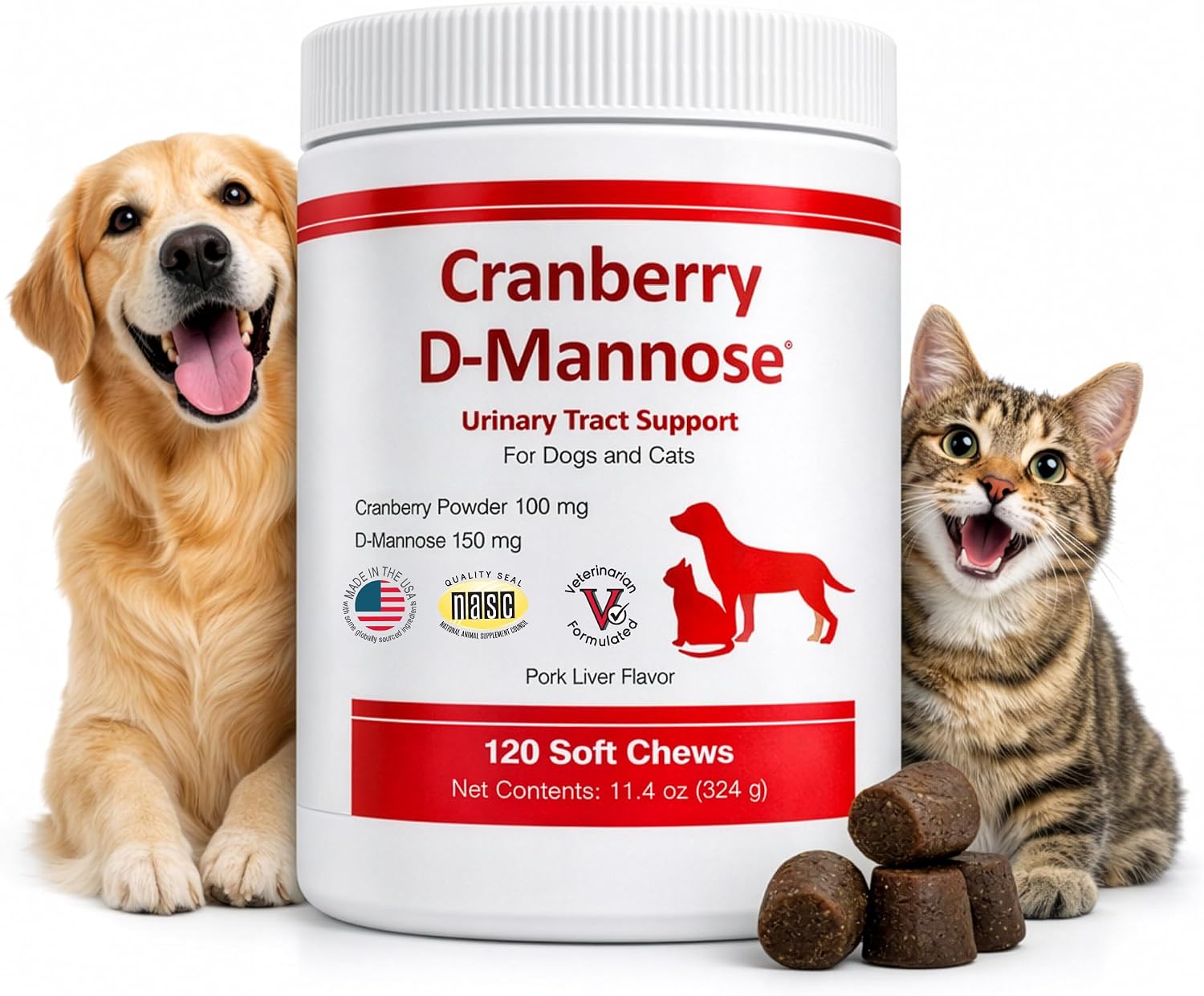 Cranberry and D-Mannose Supplement for Urinary Tract Health in Dogs and Cats - 120 Soft Chews