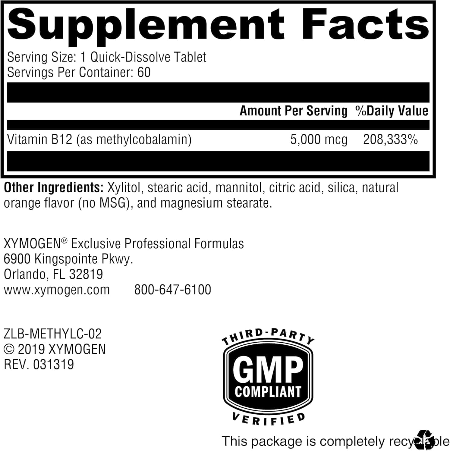 XYMOGEN Metilcobalamina 5 mg | Vitamina B12 Activa - 60 Comprimidos de Disolución Rápida