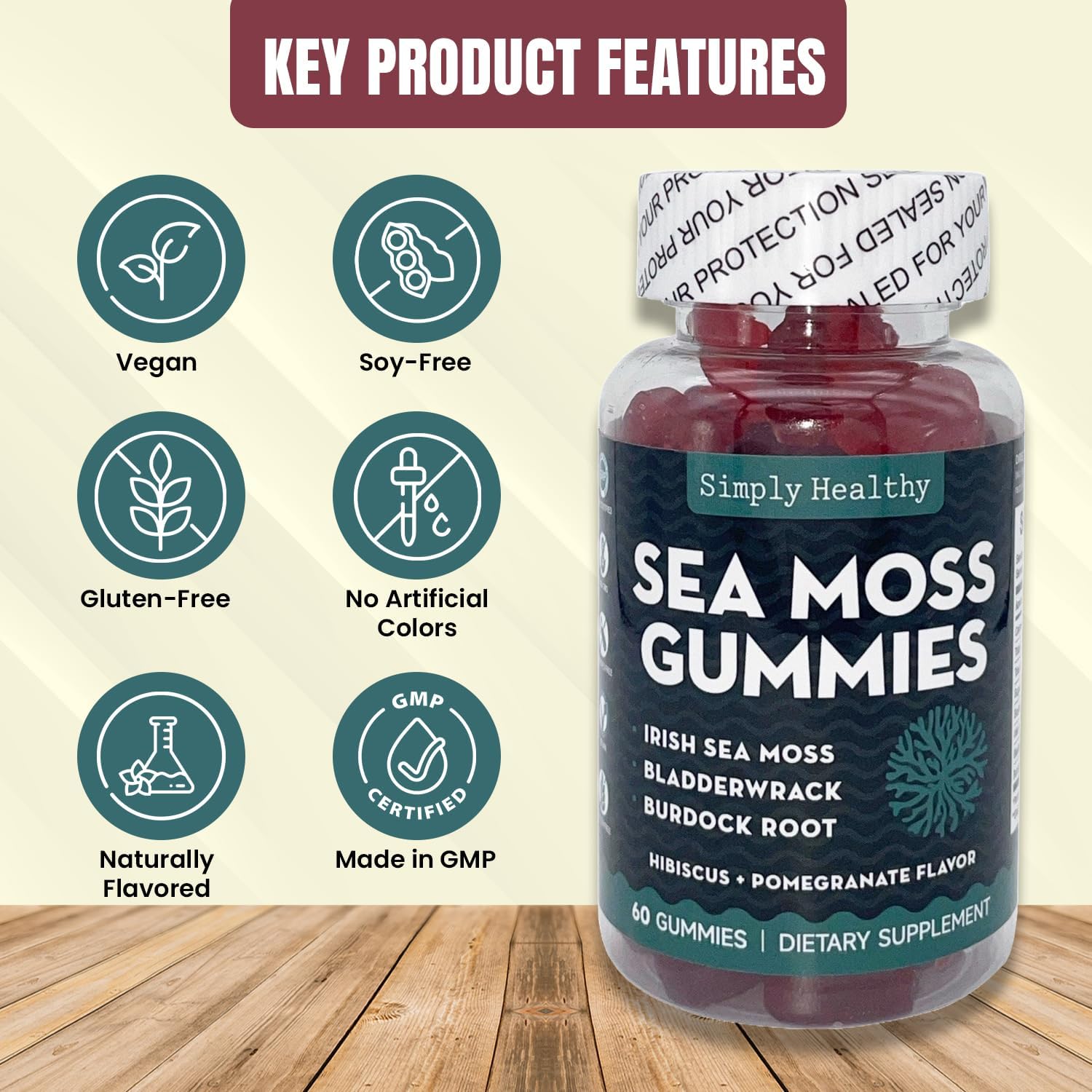 Simply Healthy Premium Sea Moss Gummies – Irish Sea Moss con Bladderwrack y Burdock Root, 60 Gominolas Veganas