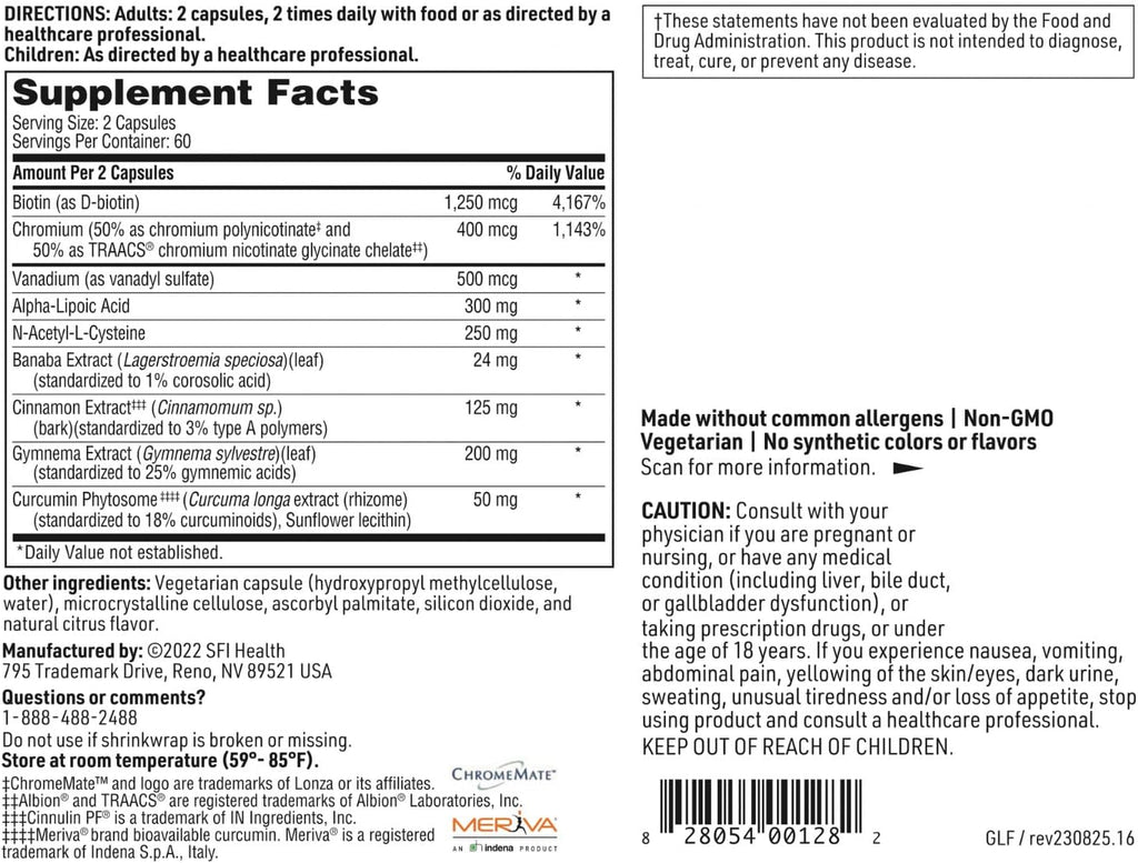 Klaire Labs SFI Health GlucoThera Forte - Complejo de Cromo con 250 mg de ALA, Cúrcuma y Canela (120 Cápsulas)