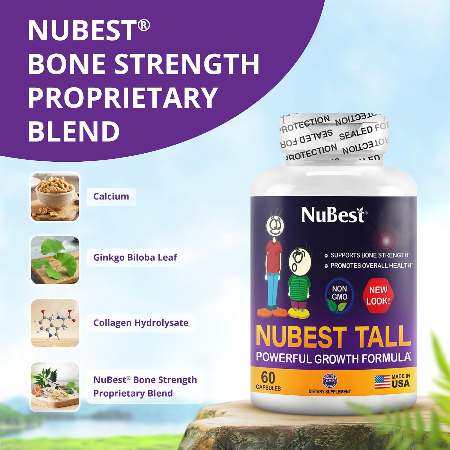 NuBest Tall | Apoya la salud ósea, el sistema inmunológico y el bienestar general con calcio, colágeno y hierbas para niños y adolescentes | 60 cápsulas
