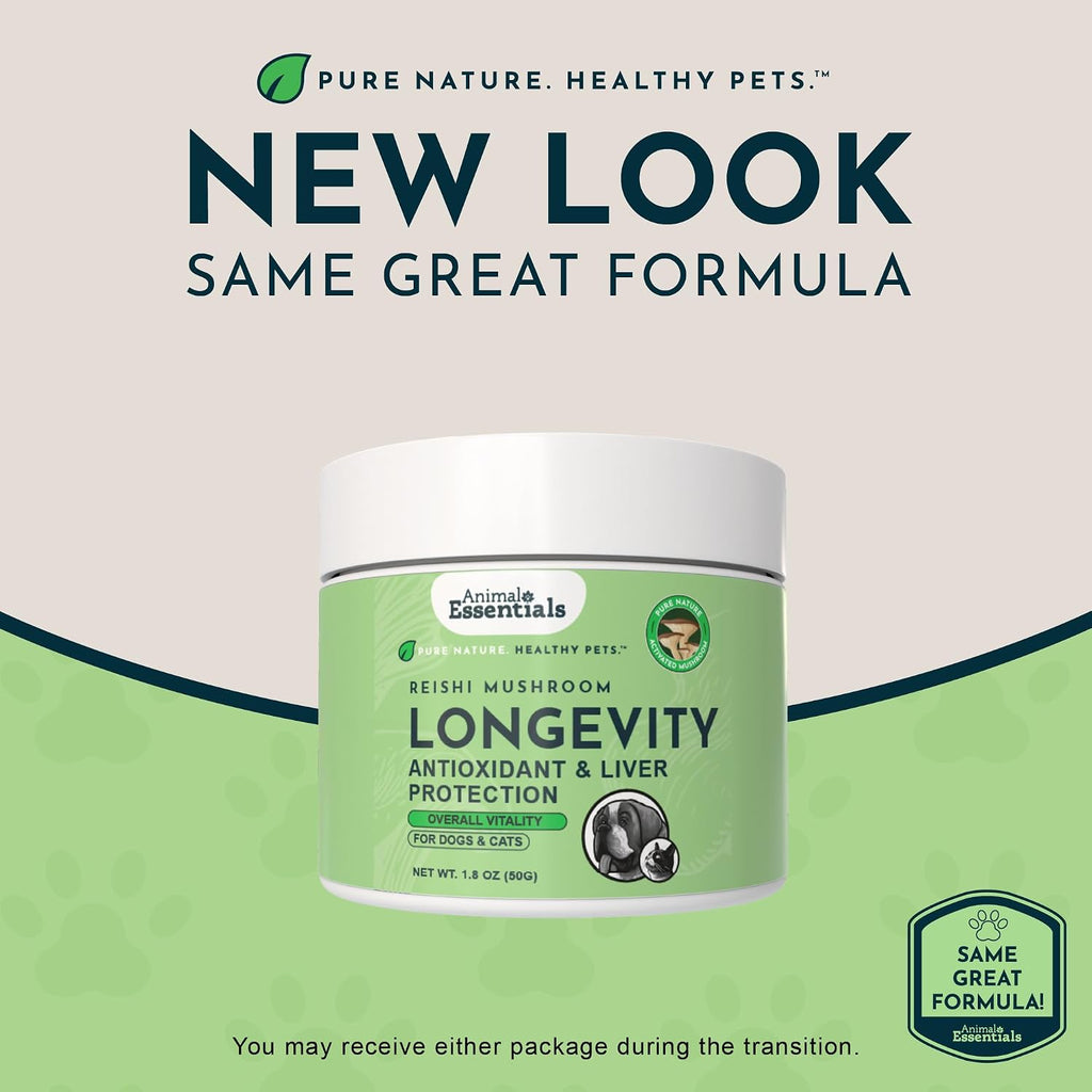 Animal Essentials Longevity Suplemento de Hongo Reishi para Perros y Gatos - Extracto en Polvo, Salud Cardiovascular y Hepática, Antioxidante - 50g