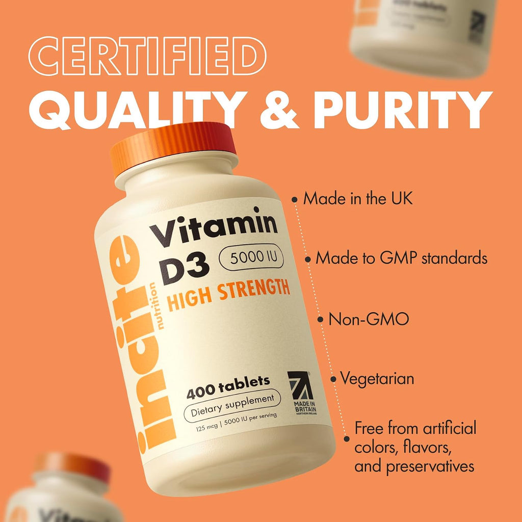 Incite Nutrition Vitamina D3 5000 IU - 400 Microcomprimidos de Colecalciferol - Suplemento Vegetariano - Alta Concentración